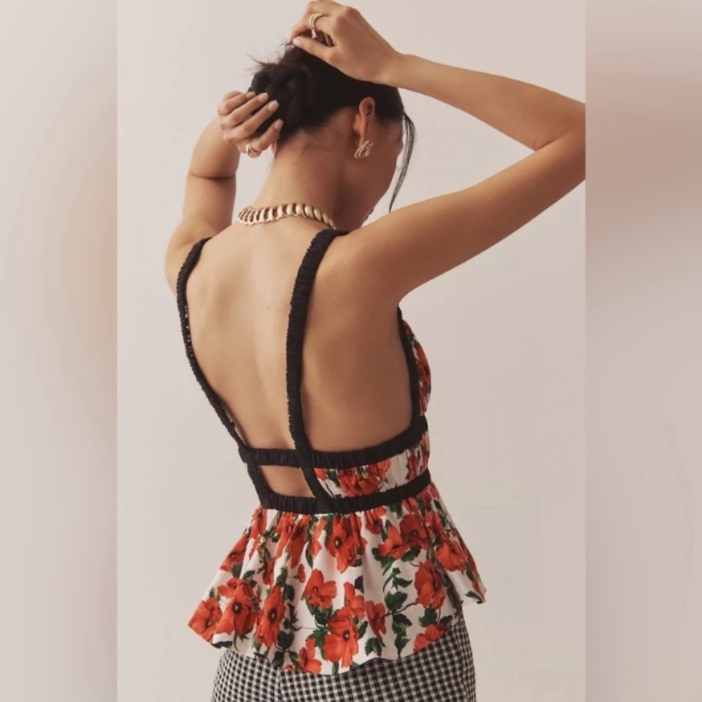 Maeve Ditali Red Floral Black Trim Tank Top - Picture 2 of 13